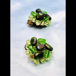 VINTAGE WEST GERMAN SHADES OF GREEN CRYSTALS AND STONES CLIP ON EARRINGS